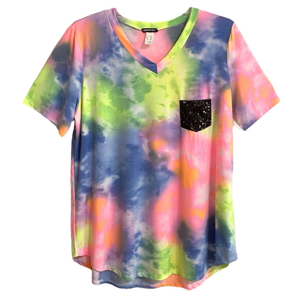 HEIMISH Neon Tie Dye V-Neck Tee Sequin Pocket